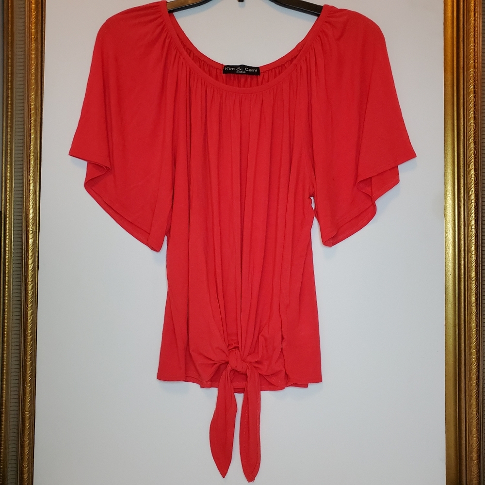Kim & Cami Flowy Melon Tie Front Top